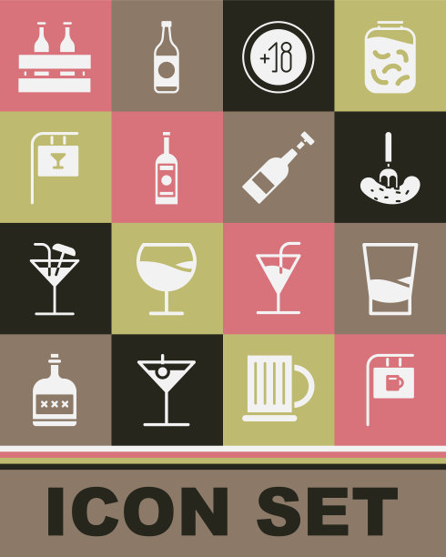设置街道招牌酒吧，玻璃伏特加，腌黄瓜叉，酒精18 plus，瓶子，包装啤酒瓶和打开的葡萄酒图标。向量图片下载