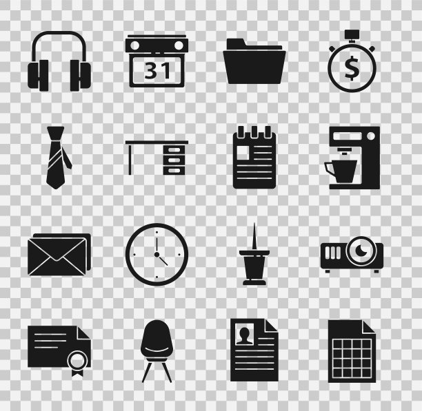 设置文件文件，电影，电影，媒体投影机，咖啡机，文件文件夹，办公室桌子，领带，耳机和螺旋笔记本图标。向量图片下载