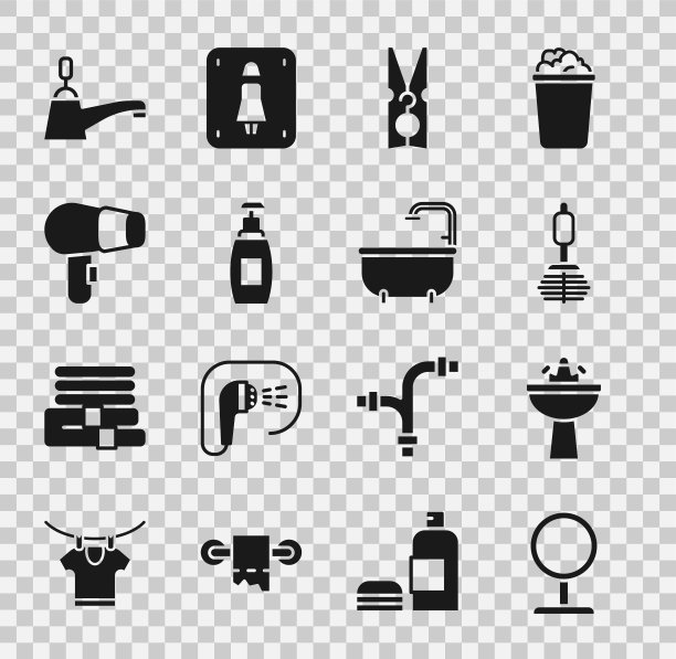 圆形化妆镜，带水龙头的洗脸盆，马桶刷，衣服别针，肥皂液瓶，吹风机，水和浴缸图标。向量图片下载