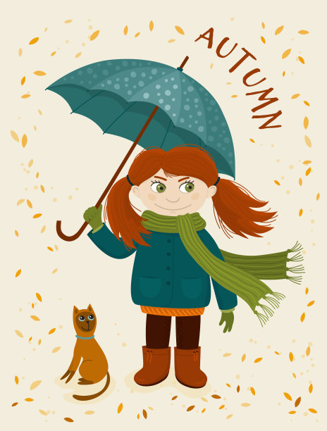 秋天，伞下的女孩和猫。图片下载