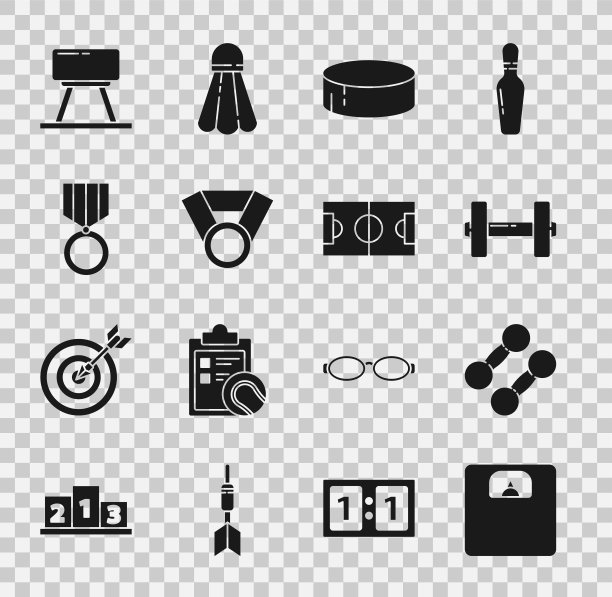设置浴室天平，哑铃，冰球，奖牌，鞍马和足球足球场图标。向量图片下载