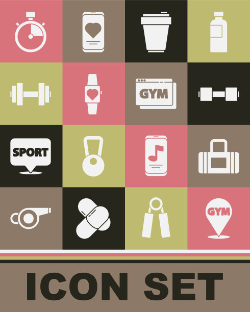 设置位置健身房，运动包，哑铃，健身器，智能手表，秒表和在线健身和训练图标。向量图片下载