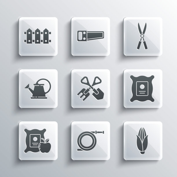 设置花园软管或消防软管，玉米，装满植物种子，铲子和耙子，苹果在麻袋，浇水罐，篱笆木制和园艺手工剪刀图标。向量图片下载