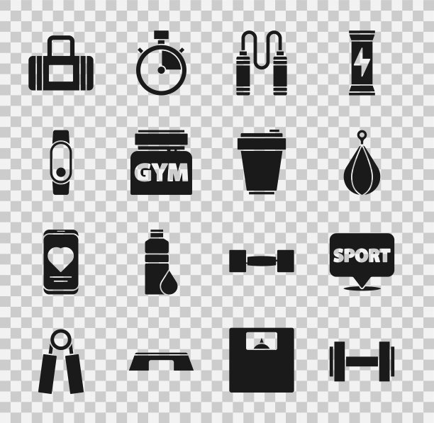 设置哑铃，位置健身房，沙袋，跳绳，运动营养，智能手表和健身摇壶图标。向量图片下载