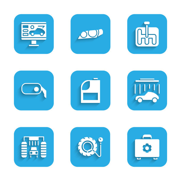 设置汽缸，电机机油，轮胎压力表，工具箱，洗车，后视镜，换挡器和诊断条件的汽车图标。向量图片下载
