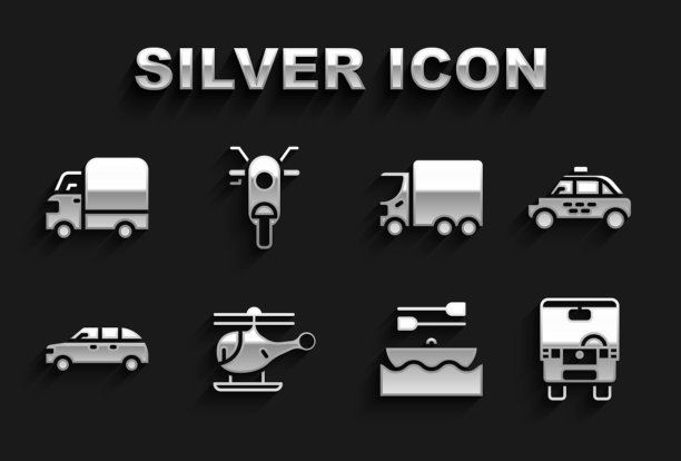 集直升机，出租车，巴士，船桨，掀背车，货运卡车，摩托车图标。向量图片下载