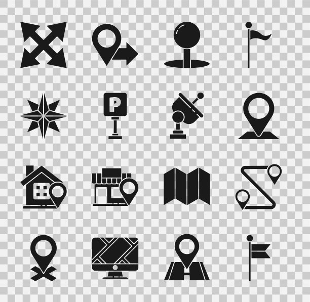 设置位置标记，路线定位，推销，停车，风玫瑰，道路交通标志和雷达图标。向量图片下载