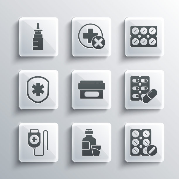 套装瓶药糖浆，药丸泡包，药膏管，静脉输液袋，医用盾牌与十字，鼻喷雾剂和图标。向量图片下载