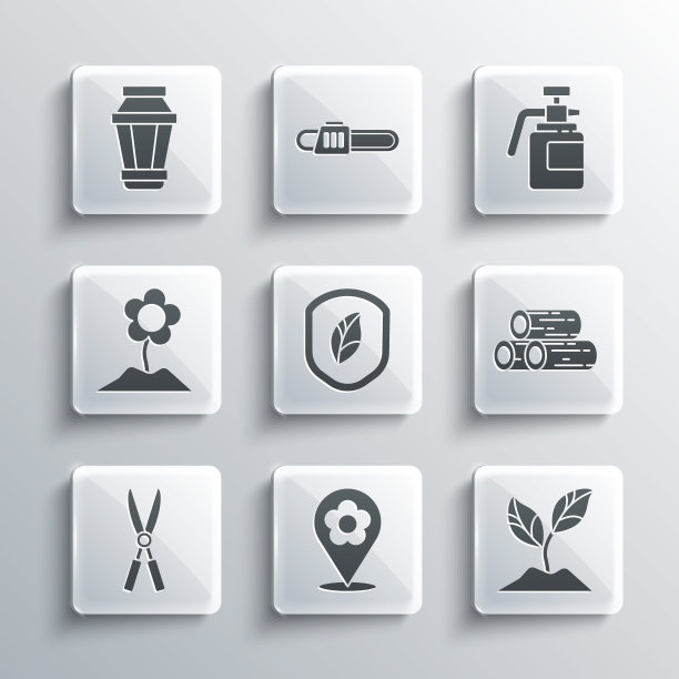 设置位置与花，植物，木原木，盾叶，园艺手工剪刀，花，灯和肥料图标喷雾器。向量图片下载