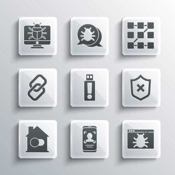设置手机和人脸识别，系统漏洞，盾牌与十字标记，USB闪存驱动器，智能家居，链链，监视器和图形密码保护图标。向量图片下载