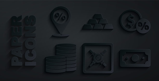 设置安全，货币硬币与百分比，硬币钱，堆栈纸现金，金条和位置折扣图标。向量图片下载