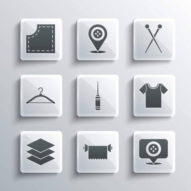 集纺织面料卷，位置裁缝店，t恤，锥子工具，层服装纺织，衣架衣柜，缝纫模式和针织针图标。向量图片下载