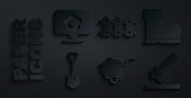 设置手推车与泥土，防水橡胶靴，铲子，木斧，花园栅栏木和位置花图标。向量图片下载