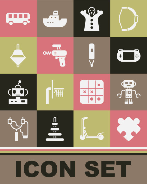 集合拼图玩具，机器人，便携式视频游戏控制台，玩具布偶娃娃手，射线枪，回旋，巴士和记号笔图标。向量图片下载