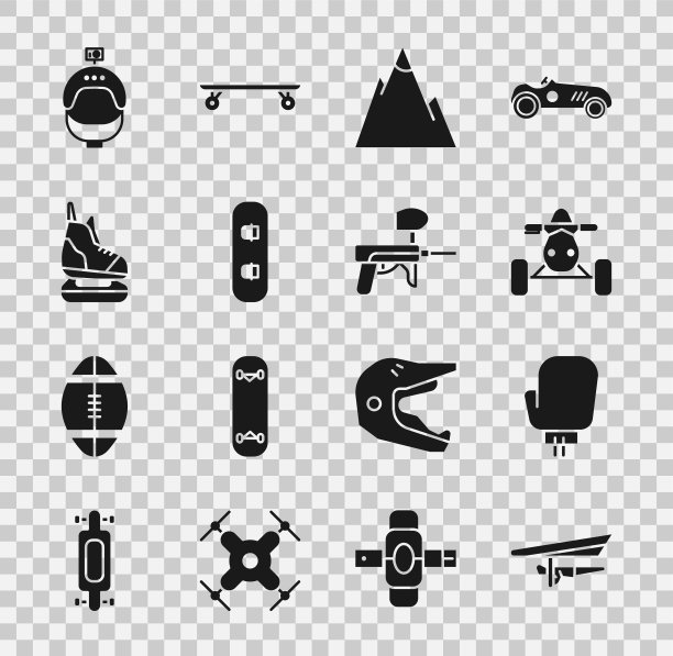 设置滑翔机，拳击手套，ATV摩托车，山脉，滑雪板，溜冰鞋，头盔和行动相机和彩弹枪图标。向量图片下载