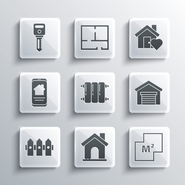 房屋、平面图、车库、暖气散热器、木制围栏、在线房地产房屋、钥匙和心形图标矢量素材图片下载