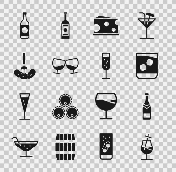 鸡尾酒，香槟瓶，威士忌，奶酪，干邑或白兰地，叉子腌黄瓜，啤酒和香槟图标。向量图片下载