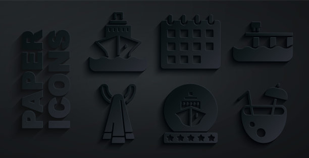 设置游轮，海滩码头码头，毛巾衣架，椰子鸡尾酒，日历和图标。向量图片下载