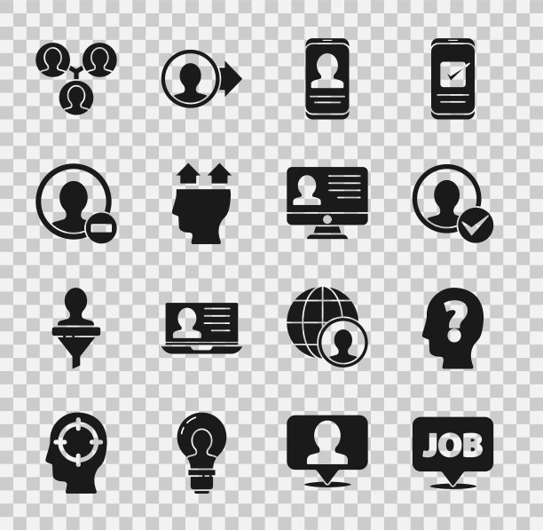 设置Speech bubble with job, Head question mark, Create account screen, Mobile resume, User of man, Project team base and Monitor icon。向量图片下载