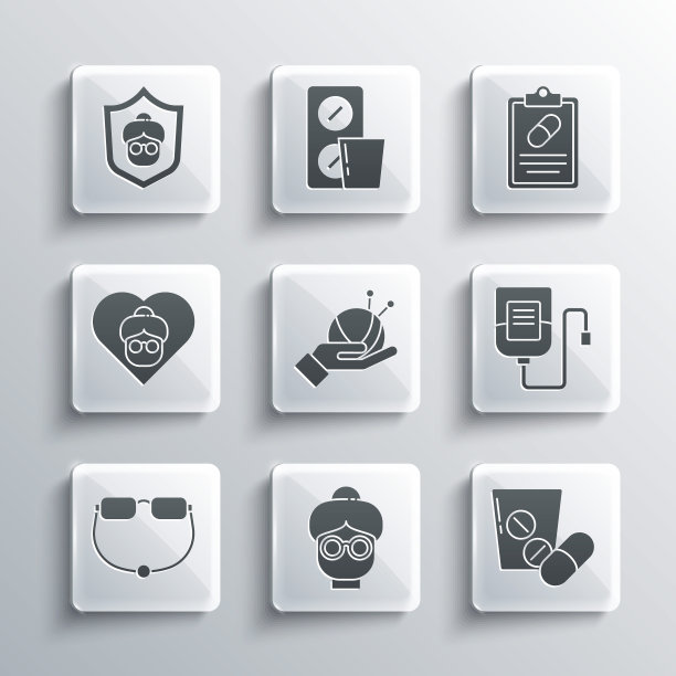 集祖母，药丸或片剂，IV袋，纱线球针织针，眼镜，和医疗处方图标。向量图片下载