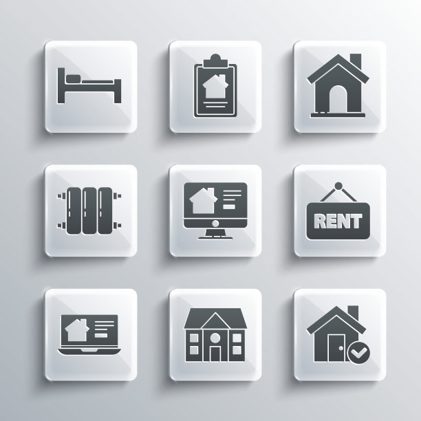 设置房屋，带勾标，挂出出租标志，在线房地产房屋，暖气片，床和图标。向量图片下载