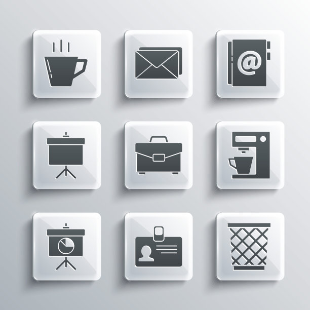 设置标识牌，垃圾桶，咖啡机，公文包，黑板与图表，杯子和地址簿图标。向量图片下载