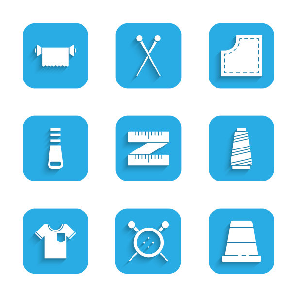 套卷尺，缝纫纽扣和针织针，缝纫，线，t恤，拉链，图案和纺织织物卷图标。向量图片下载