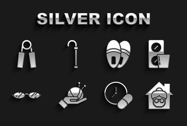 集纱线球与针织针，药丸泡包，疗养院，药丸或药片，眼镜，拖鞋，运动扩展器和手杖图标。向量图片下载