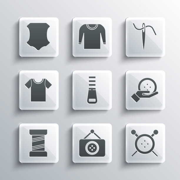 集裁缝店，缝纫钮扣和针织针，拉链，线，t恤，皮革和缝纫针与图标。向量图片下载