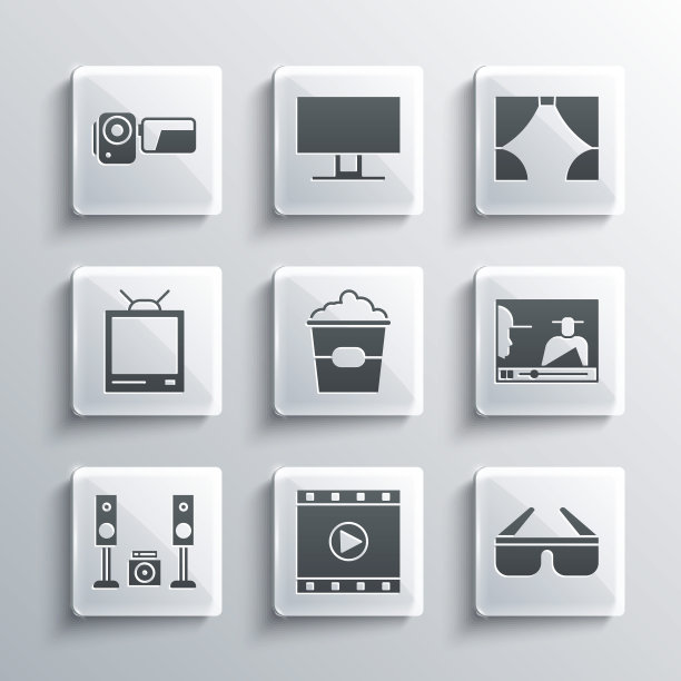 设置播放视频，3D电影眼镜，在线播放视频，爆米花盒，家庭立体声与两个扬声器，复古电视，电影院摄像机和窗帘图标。向量图片下载
