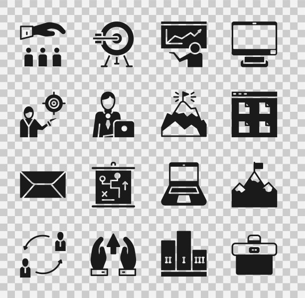 设置公文包，山脉与旗帜，浏览器文件，培训，演示，商人，营销目标策略，老板员工和图标。向量图片下载
