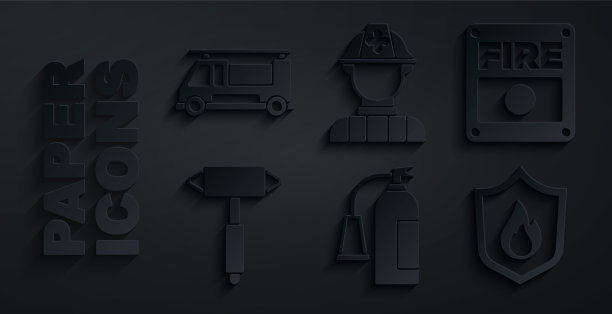 设置灭火器、报警系统、消防斧、防护罩、卡车图标。向量图片下载