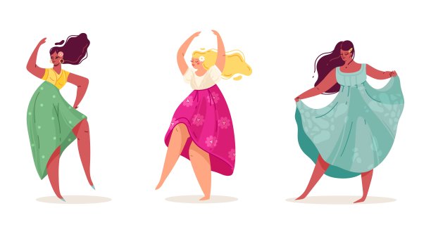 夏天的女人。漂亮的身体积极的舞蹈女孩在太阳裙和连衣裙与长发。年轻性感的模特，胖人，超重的女性角色。矢量卡通孤立集图片下载