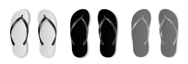 真实的人字拖模型。黑白沙滩鞋，黑色，白色和灰色，空橡胶游泳池，沙滩和浴室凉鞋双，夏季鞋。俯视图鞋类向量集图片下载