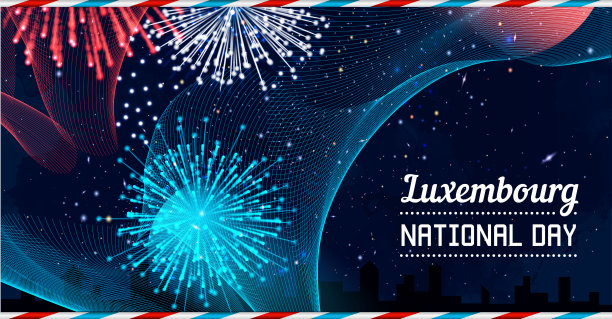 卢森堡国家的国庆节在混合线风格与烟花矢量图片下载