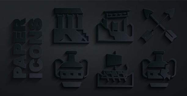 设置希腊三柱体，交叉箭头，古代双耳罐，破碎，废墟和帕台农图标。向量图片下载