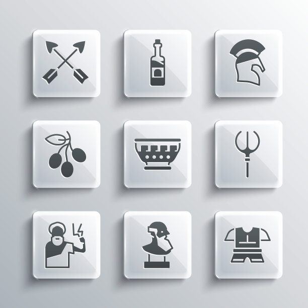 集合古代半身雕塑，身体盔甲，海神三叉戟，希腊古代碗，宙斯，橄榄枝，十字箭头和头盔图标。向量图片下载