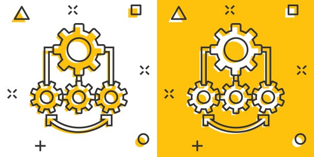改进图标在漫画风格。齿轮项目卡通矢量插图在白色孤立的背景。生产力飞溅效应的经营理念。图片下载