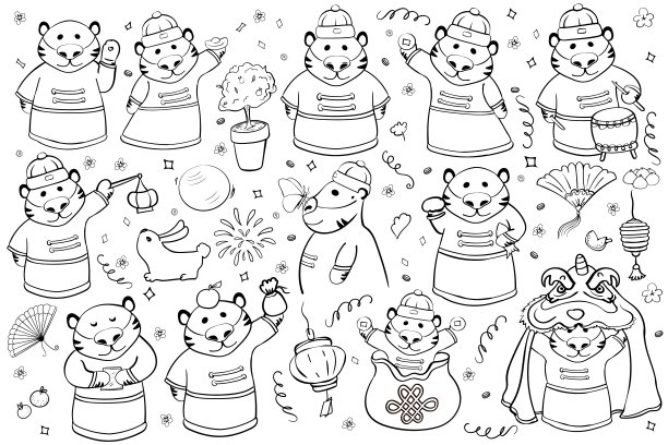 设置运气老虎与2022年新年着色页或书向量的符号图片下载