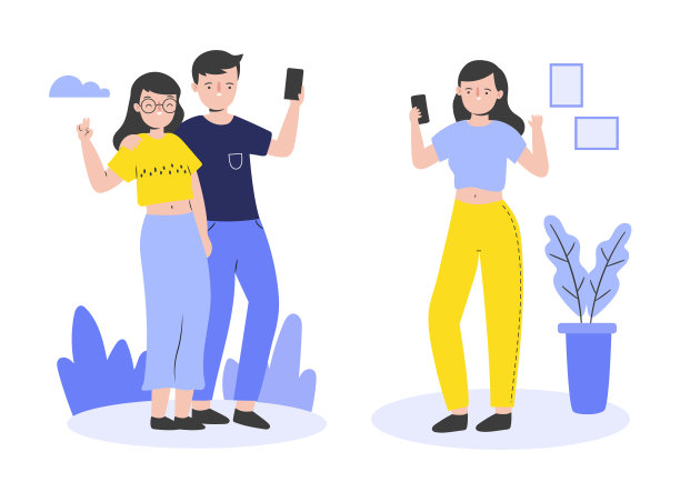 平的人拍照与电话矢量插图图片下载