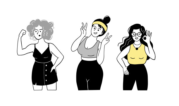 女人用胜利的手指做手势，“ok”或“和平”的手势，握紧拳头。手绘矢量插图的迹象，人类的情感在白色的背景。非语言交流信号的草图。图片下载