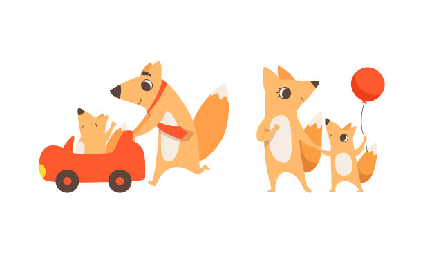 可爱的狐狸妈妈和爸爸的角色和它的幼崽图片下载