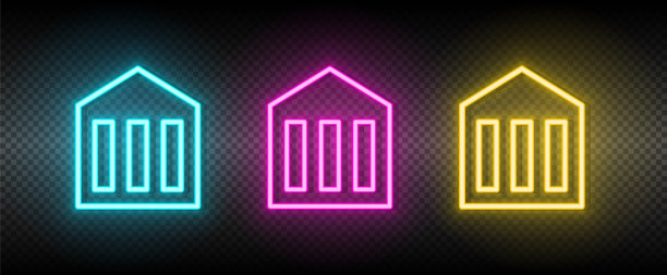 银行，建筑，商业霓虹灯矢量图标。插图霓虹蓝，黄，红图标集。图片下载