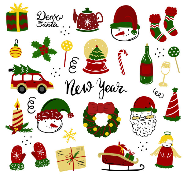 圣诞节的图标集。节日物品收集插图:圣诞老人，花环，北极，雪人，礼物，圣诞树，圣诞帽，袋子，驯鹿，槲寄生，冬青，玩具，铃铛图片下载