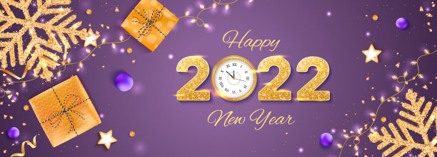 2022年新年快乐。带亮片的金色数字和挂钟。横幅、传单、印有金色雪花的卡片、礼盒、铃、花环、星星、五彩纸屑。图片下载
