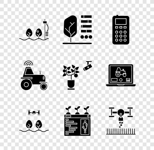 设置独立传感器和植物，植物状态，远程控制，智能农场与无人机，农业技术，无线拖拉机智能和图标。向量图片下载