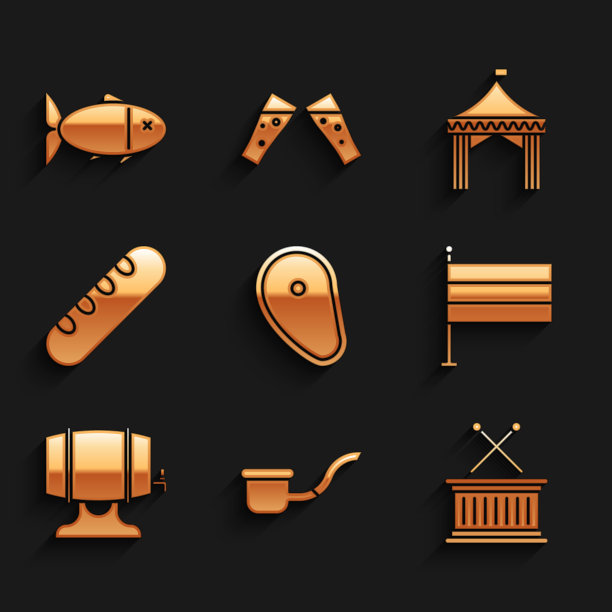 套餐牛排肉，烟斗，音乐鼓和棍子，德国国旗，木桶架，法国法棍面包，野营帐篷和鱼的图标。向量图片下载