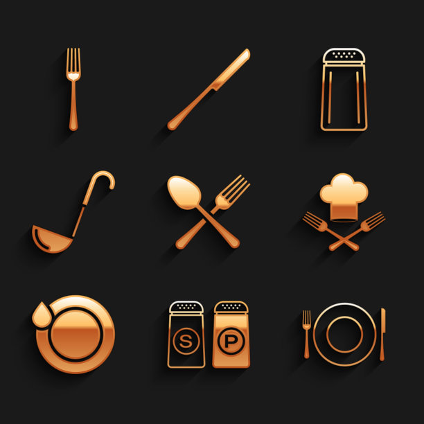 设置交叉叉和勺子，盐胡椒，盘子，刀，厨师帽，洗盘子，厨房勺子，叉子图标。向量图片下载