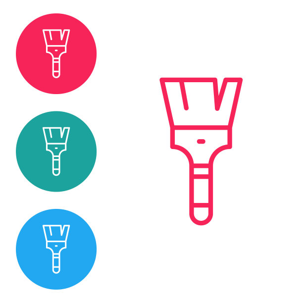 红色线画笔图标隔离在白色背景上。在圆形按钮中设置图标。向量图片下载