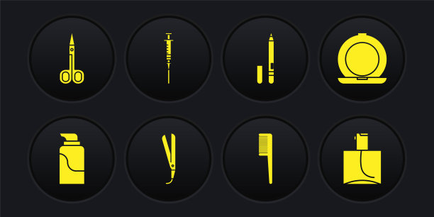 化妆膏管，化妆粉镜，卷发棒，发刷，眼线笔，眉毛，注射器，香水和剪刀图标。向量图片下载